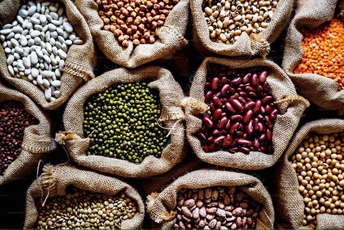Representational image of diverse indigenous pulses in jute sacks, highlighting traditional seed varieties in Nepal.